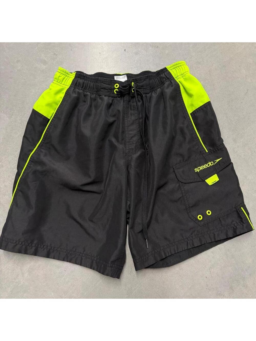 Y2K Men's Speedo Branded Swim Shorts Black and Neon Sized Small